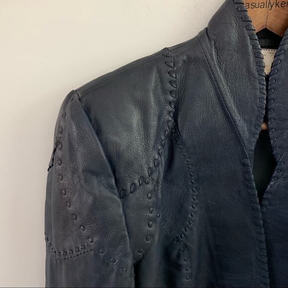 Gossamer Wings Navy Blue Vintage Leather Jacket Tank 2 Set Beaded Navajo Fringe - Picture 15 of 15